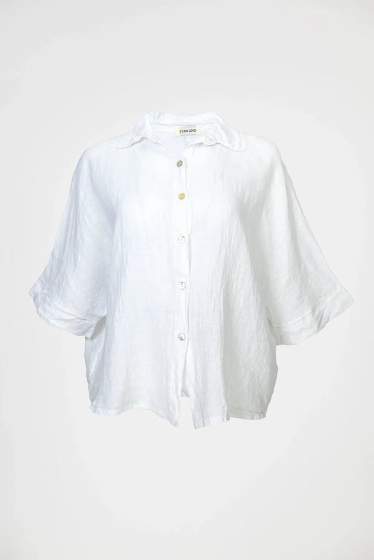 Дамска бяла ленена риза със свободна кройка – Pure Linen-ризи с къс ръкав-6Sense