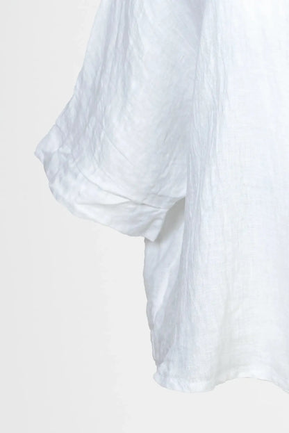 Дамска бяла ленена риза със свободна кройка – Pure Linen-ризи с къс ръкав-6Sense