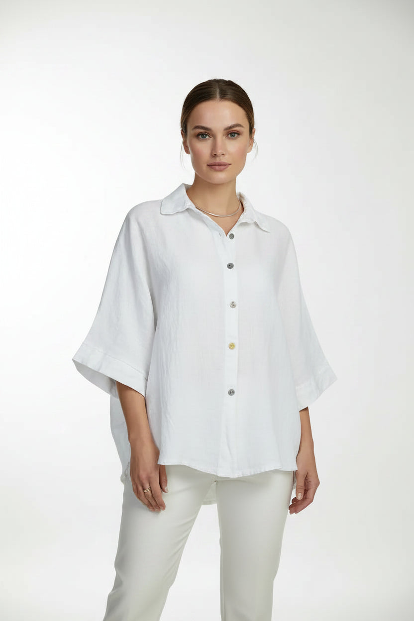 Дамска бяла ленена риза със свободна кройка – Pure Linen-ризи с къс ръкав-6Sense