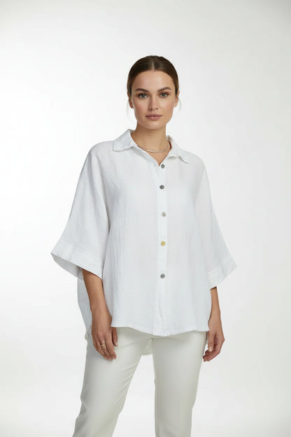 Дамска бяла ленена риза със свободна кройка – Pure Linen-ризи с къс ръкав-6Sense
