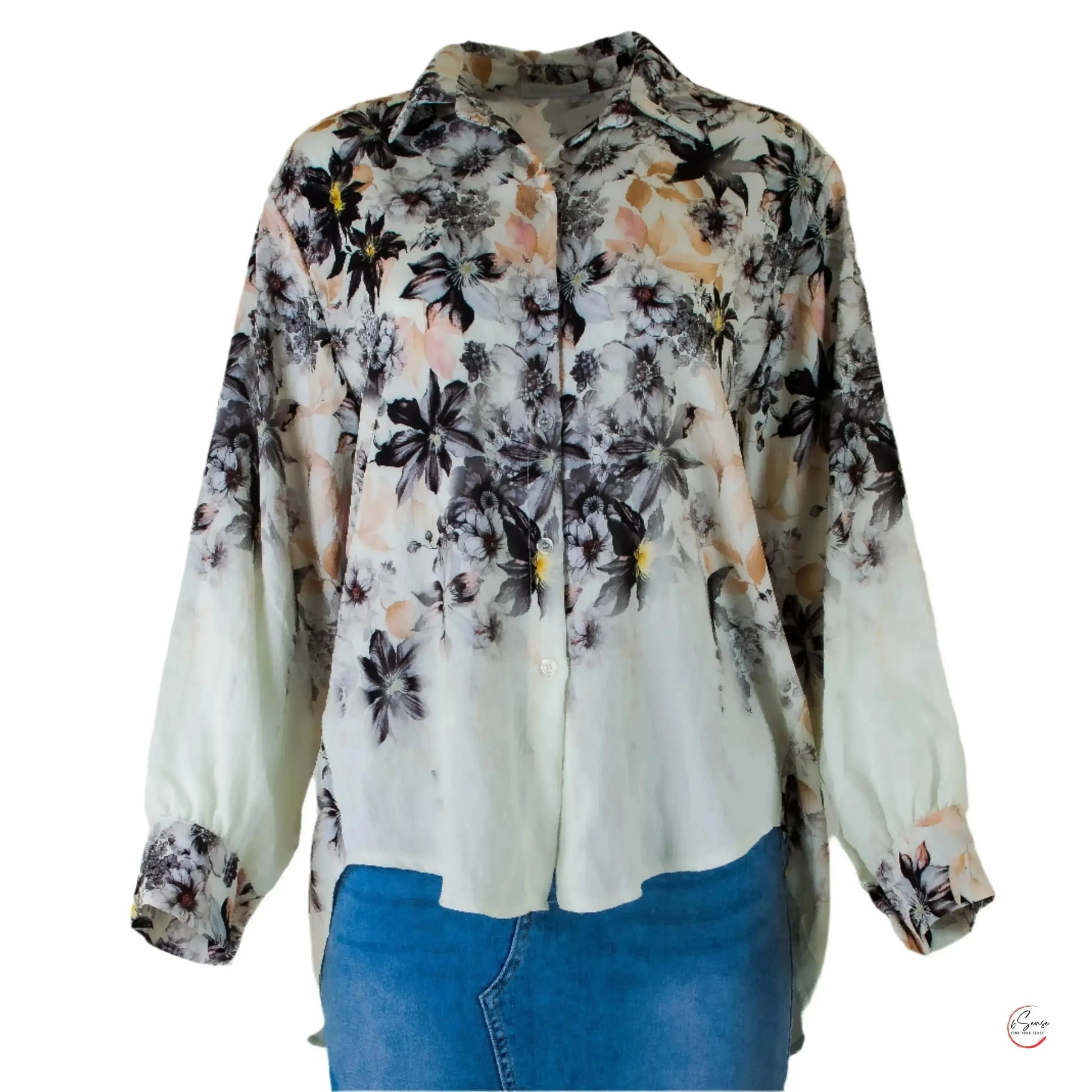 Дамска бяла риза с флорален принт | колекция есен-зима - снимка отпред