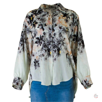 Дамска бяла риза с флорален принт | колекция есен-зима - снимка отпред