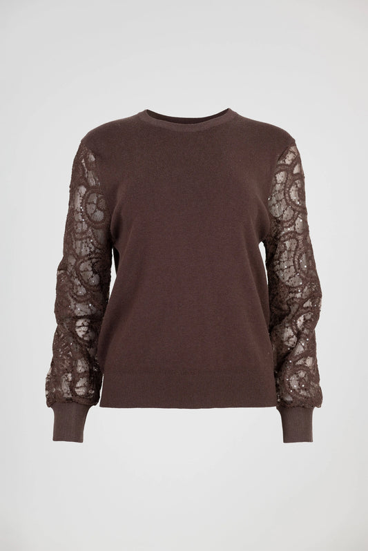 Дамска блуза фино плетиво с дантелени ръкави – Cocoa Lace Knit-пуловери-6Sense
