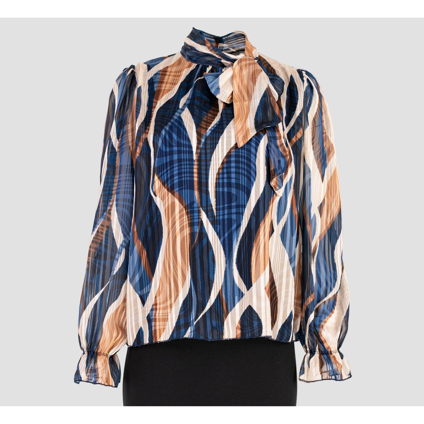 Дамска блуза в синьо и бежаво с абстрактен принт | колекция есен-зима 6Sense