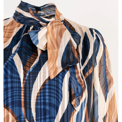 Дамска блуза в синьо и бежаво с абстрактен принт | колекция есен-зима 6Sense