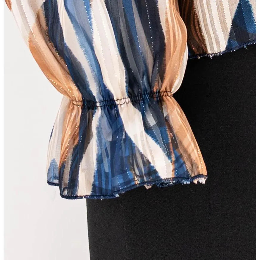 Дамска блуза в синьо и бежаво с абстрактен принт | колекция есен-зима 6Sense