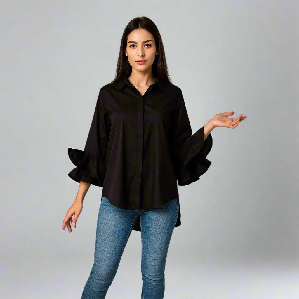Дамска черна риза с драматични волани | колекция есен-зима 6Sense