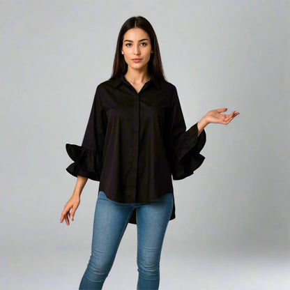 Дамска черна риза с драматични волани | колекция есен-зима 6Sense