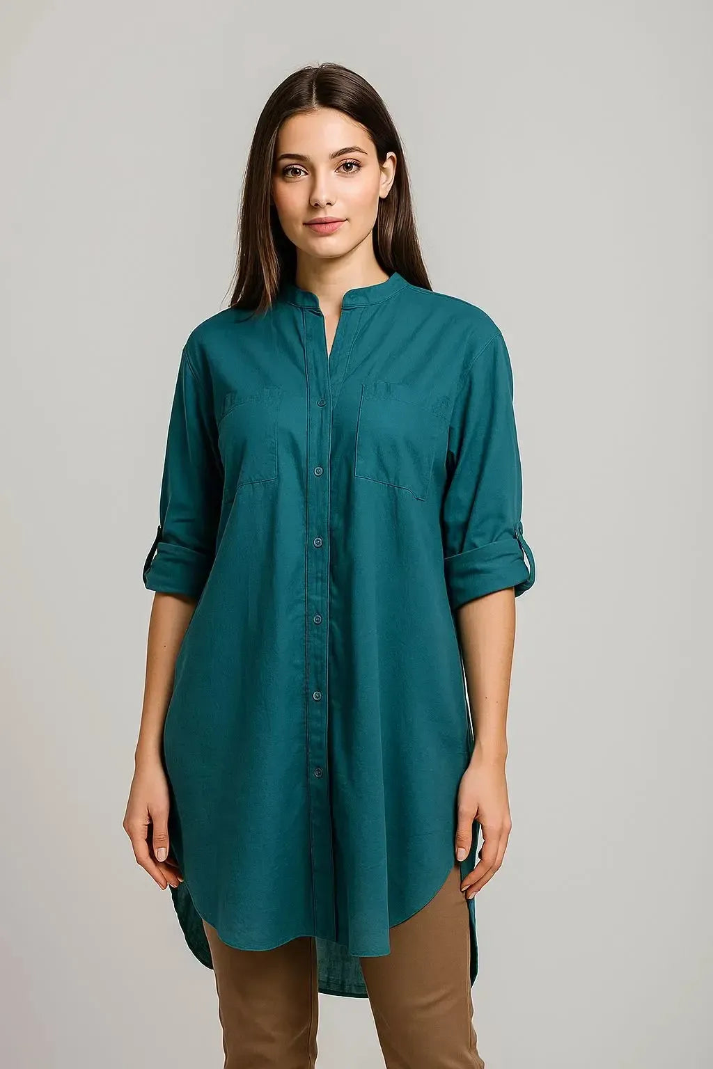 Дамска дълга риза 100% памук в тюркоазено синьо | колекция есен-зима 6Sense