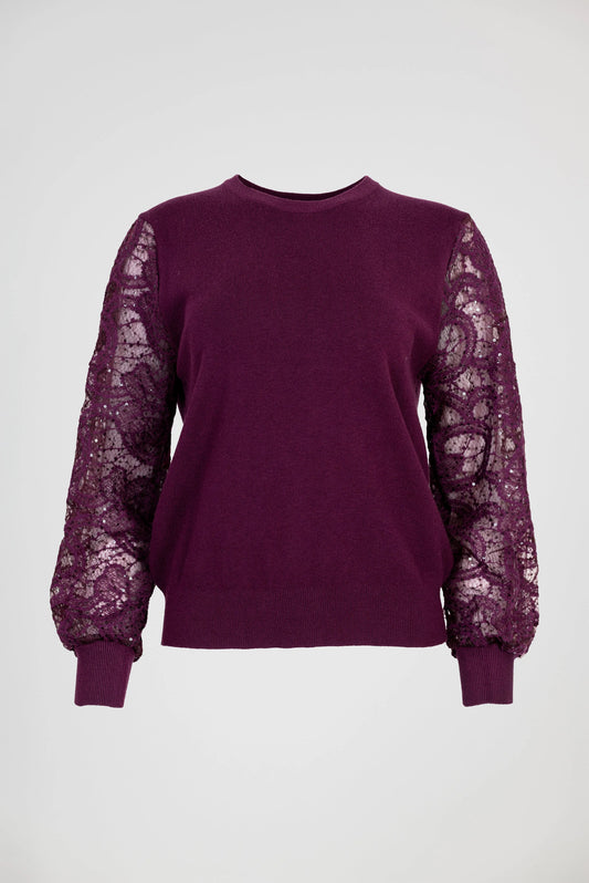 Дамска фино плетена блуза с дантелени ръкави – Burgundy Lace Knit-пуловери-6Sense