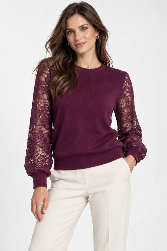 Дамска фино плетена блуза с дантелени ръкави – Burgundy Lace Knit-пуловери-6Sense