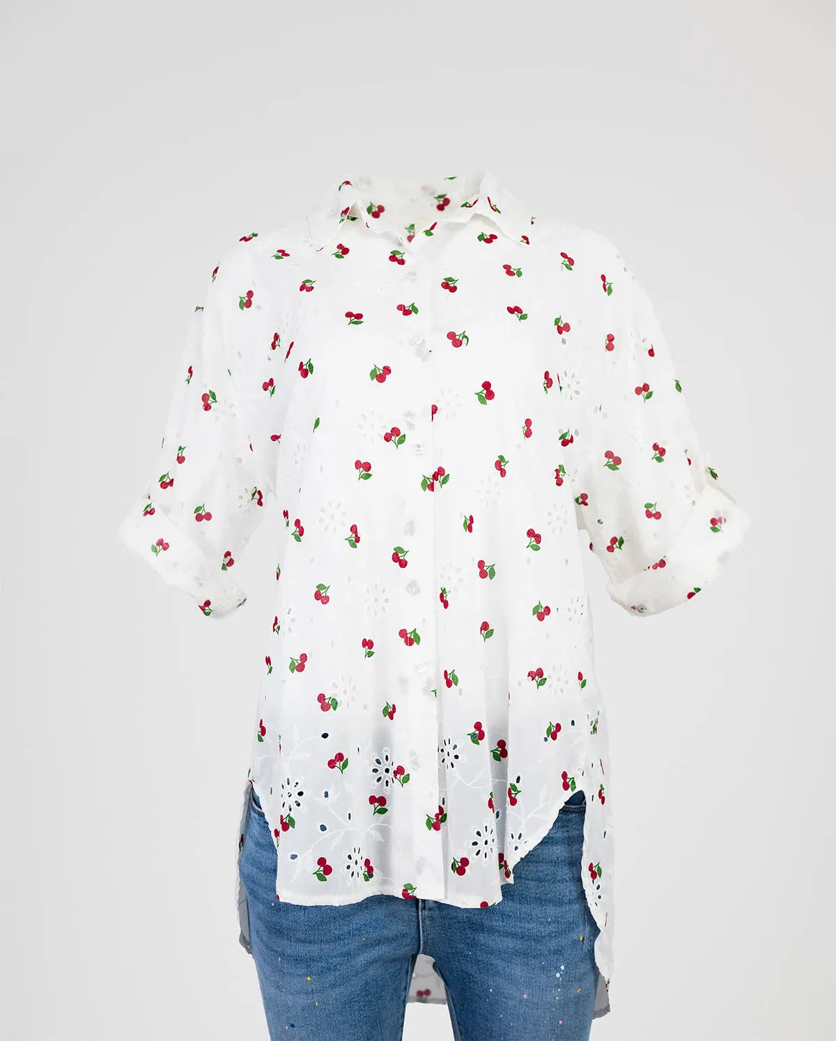 White 100% cotton Cherry Kiss women's summer shirt with short rolled sleeves and playful cherry print.