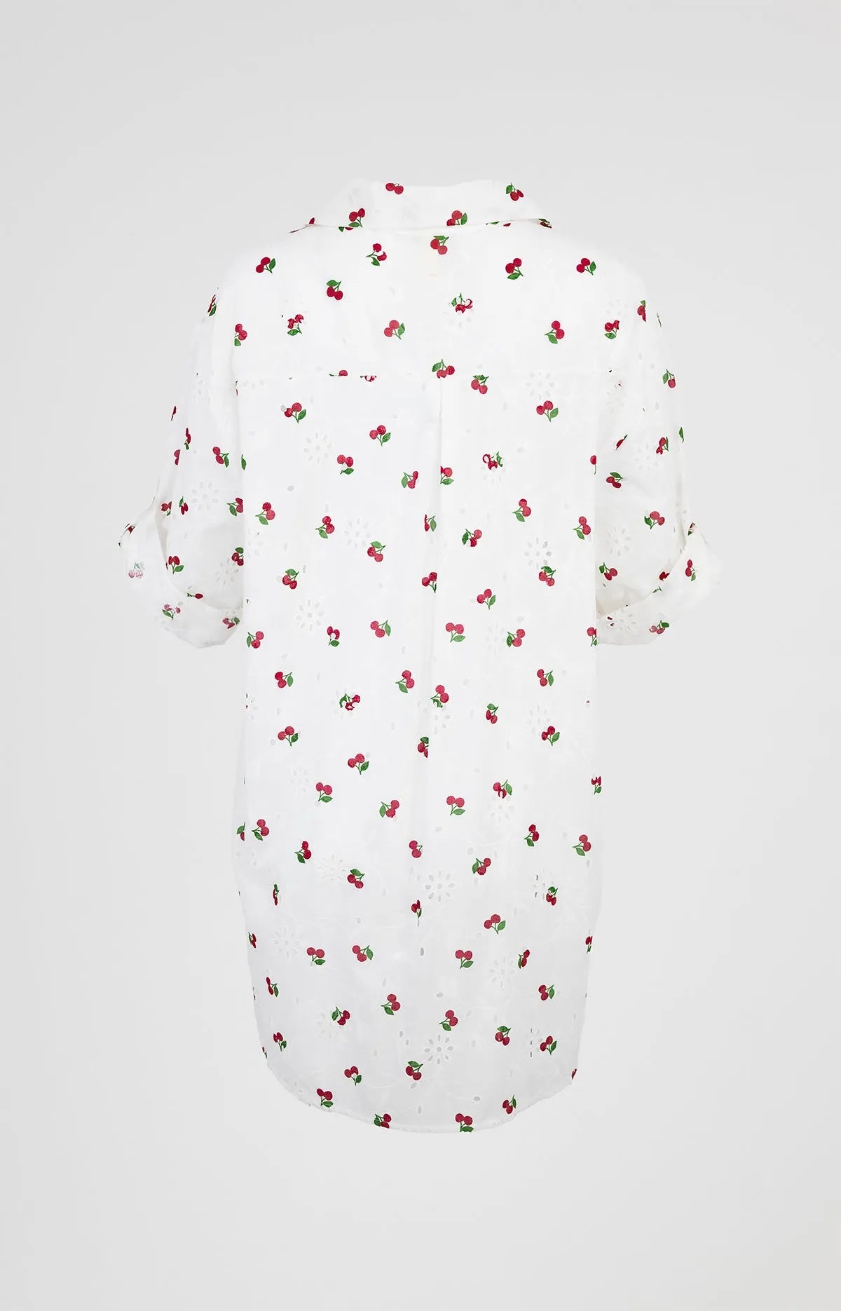 White 100% cotton Cherry Kiss summer shirt with rolled sleeves and playful cherry print, up to 4XL.