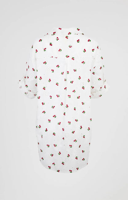 White 100% cotton Cherry Kiss summer shirt with rolled sleeves and playful cherry print, up to 4XL.
