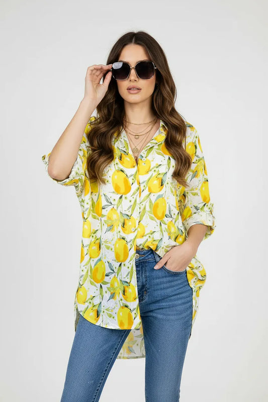 Дамска памучна лятна риза с лимони Plus Size - Citrus Whisper-ризи-6Sense