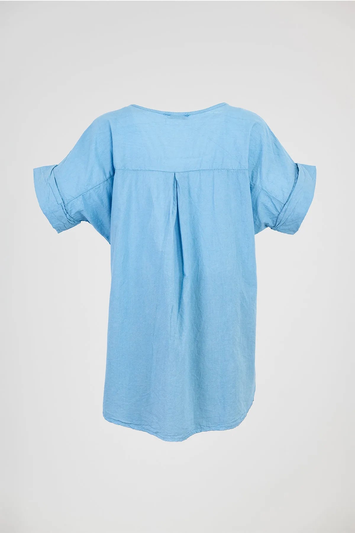 Light blue women's cotton shirt with short, rolled-up sleeves and a relaxed fit, perfect for summer.