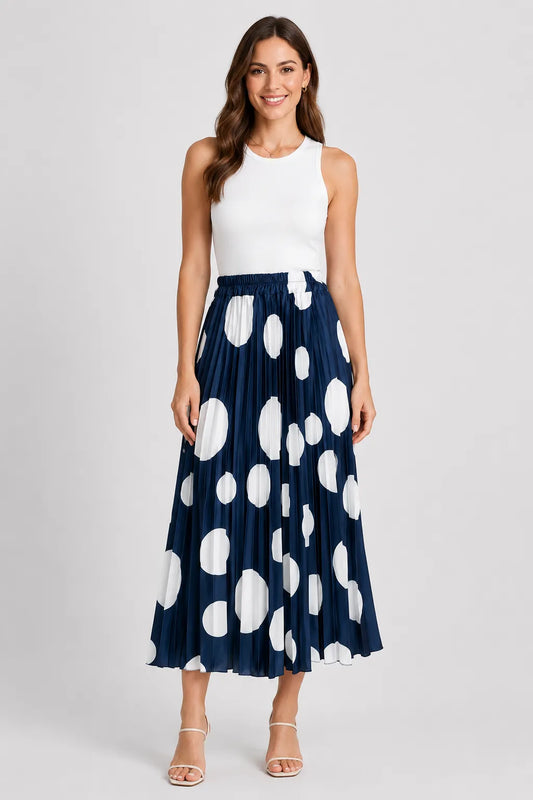 Дамска плисирана пола на точки от расо сатен – Navy Dots-Поли-6Sense