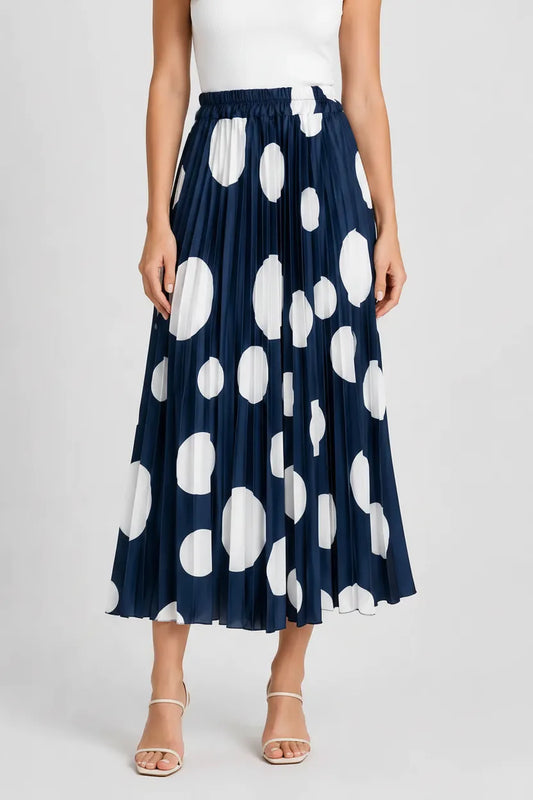 Дамска плисирана пола на точки от расо сатен – Navy Dots-Поли-6Sense