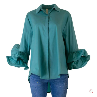 Дамска риза с двойни волани - измумрудено зелена