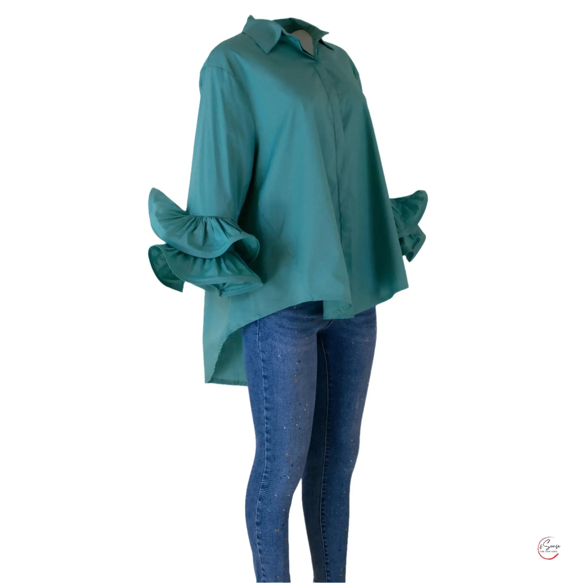 Дамска риза с двойни волани - измумрудено зелена