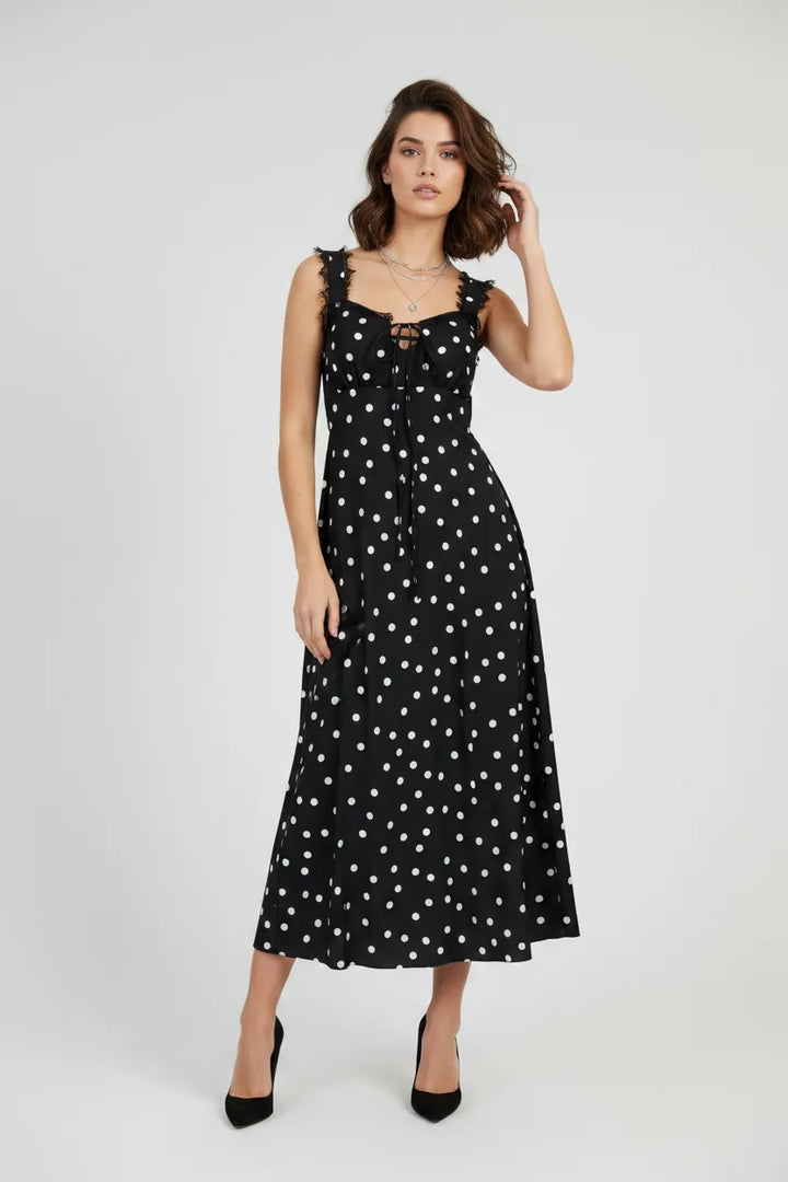 Дамска рокля на точки с дантелени презрамки – Polka Belle-рокли-6Sense