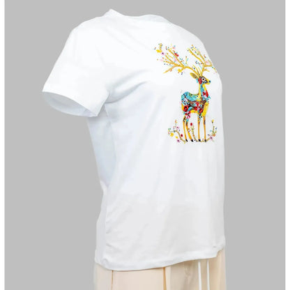 Stylish white women's t-shirt with vibrant, colorful embroidered deer and floral design.