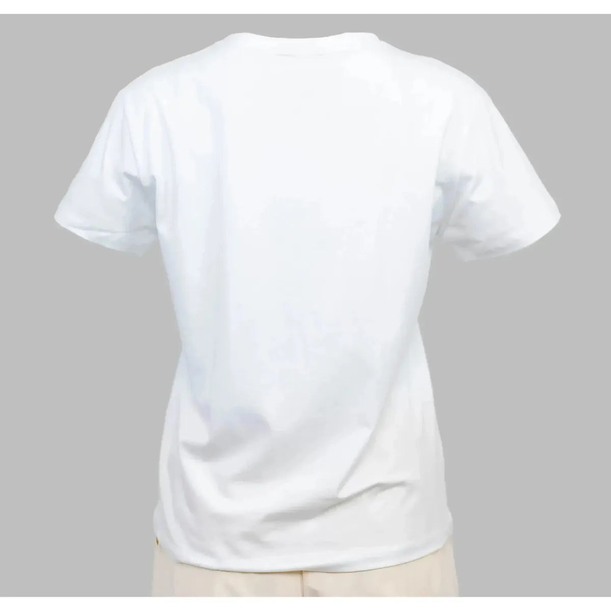 White women's classic fit t-shirt, 95% cotton, 5% elastane, with short sleeves and oval neckline.
