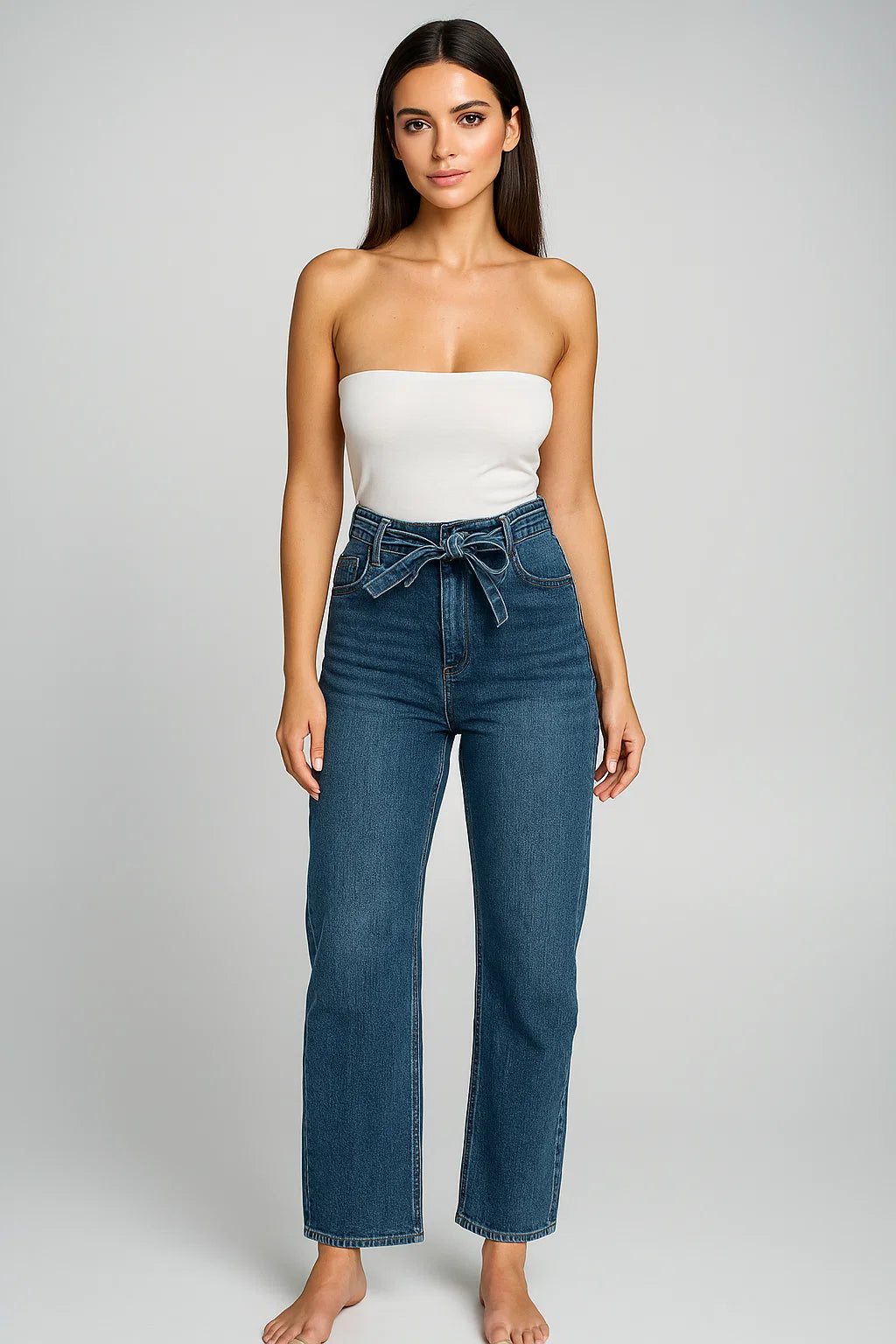 Дамски дънки с висока талия и колан - Urban Tie Jeans-дънки-6Sense