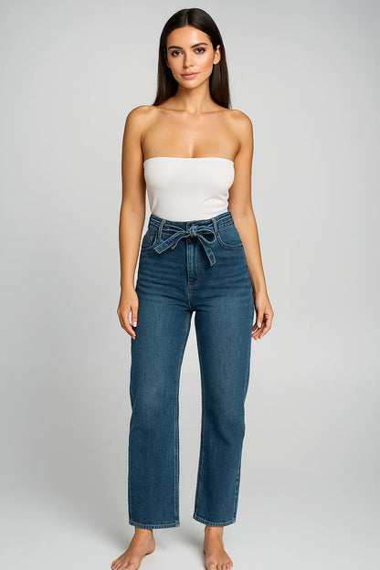 Дамски дънки с висока талия и колан - Urban Tie Jeans-дънки-6Sense