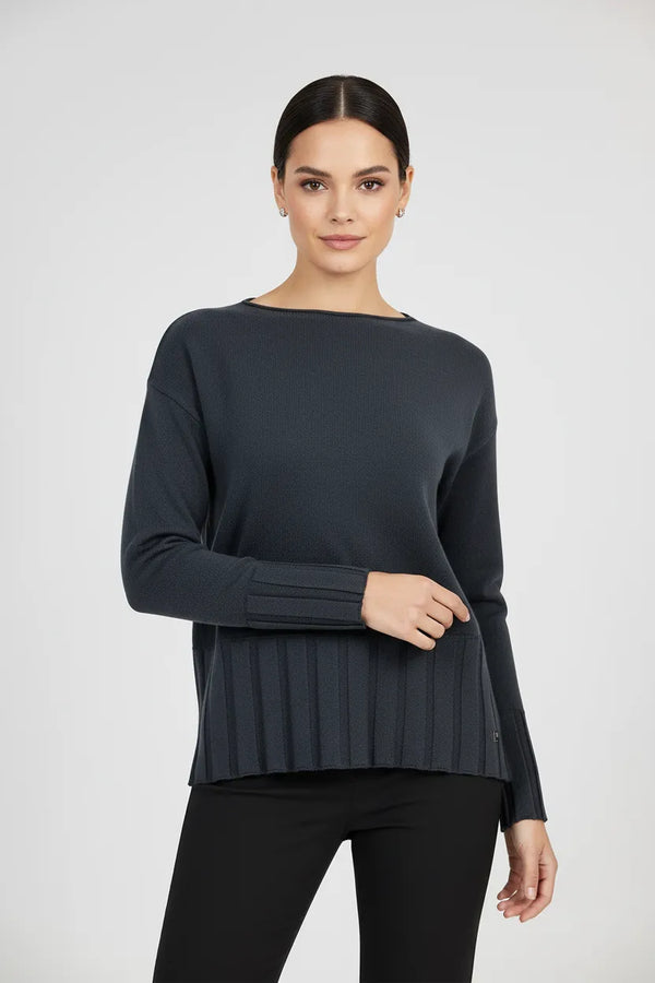 Дамски фин пуловер в черно с рипсен подгъв - Soft Line-пуловери-6Sense