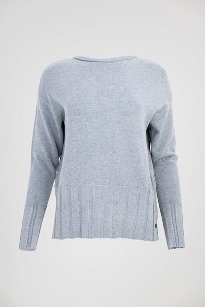 Дамски фин пуловер в светлосив меланж с рипсен подгъв - Soft Line-пуловери-6Sense