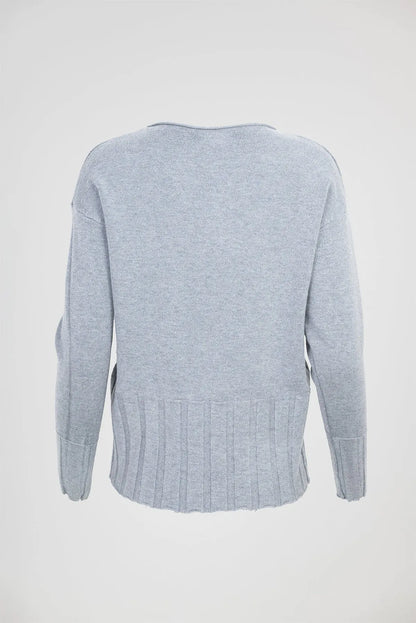 Дамски фин пуловер в светлосив меланж с рипсен подгъв - Soft Line-пуловери-6Sense