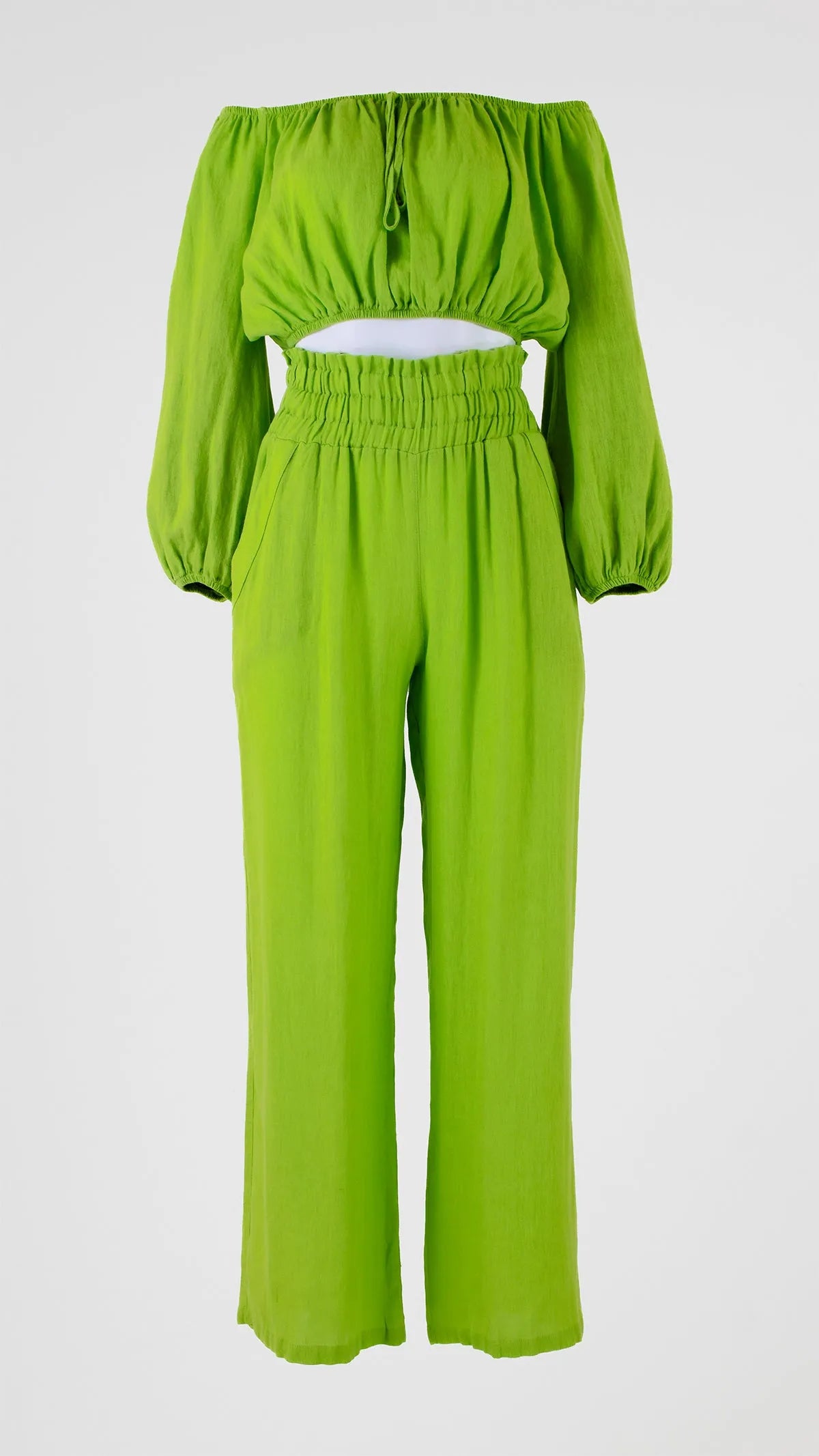 Vibrant green linen off-shoulder crop top and high-waisted wide-leg pants set for summer comfort.