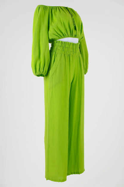 Vibrant green linen off-shoulder crop top and high-waisted wide-leg pants set.