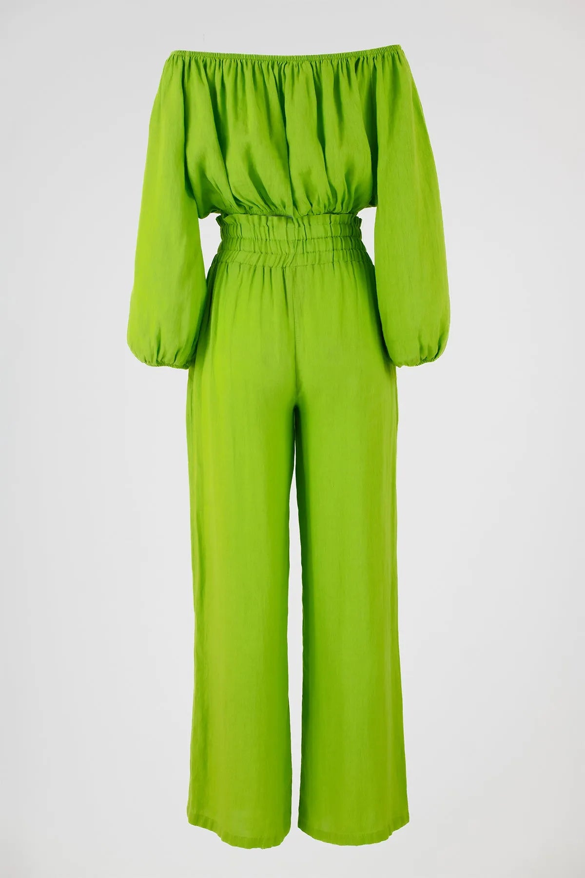 Vibrant green linen off-shoulder top and high-waisted wide-leg pants set, perfect for summer comfort.