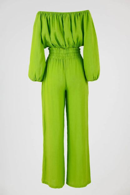 Vibrant green linen off-shoulder top and high-waisted wide-leg pants set, perfect for summer comfort.