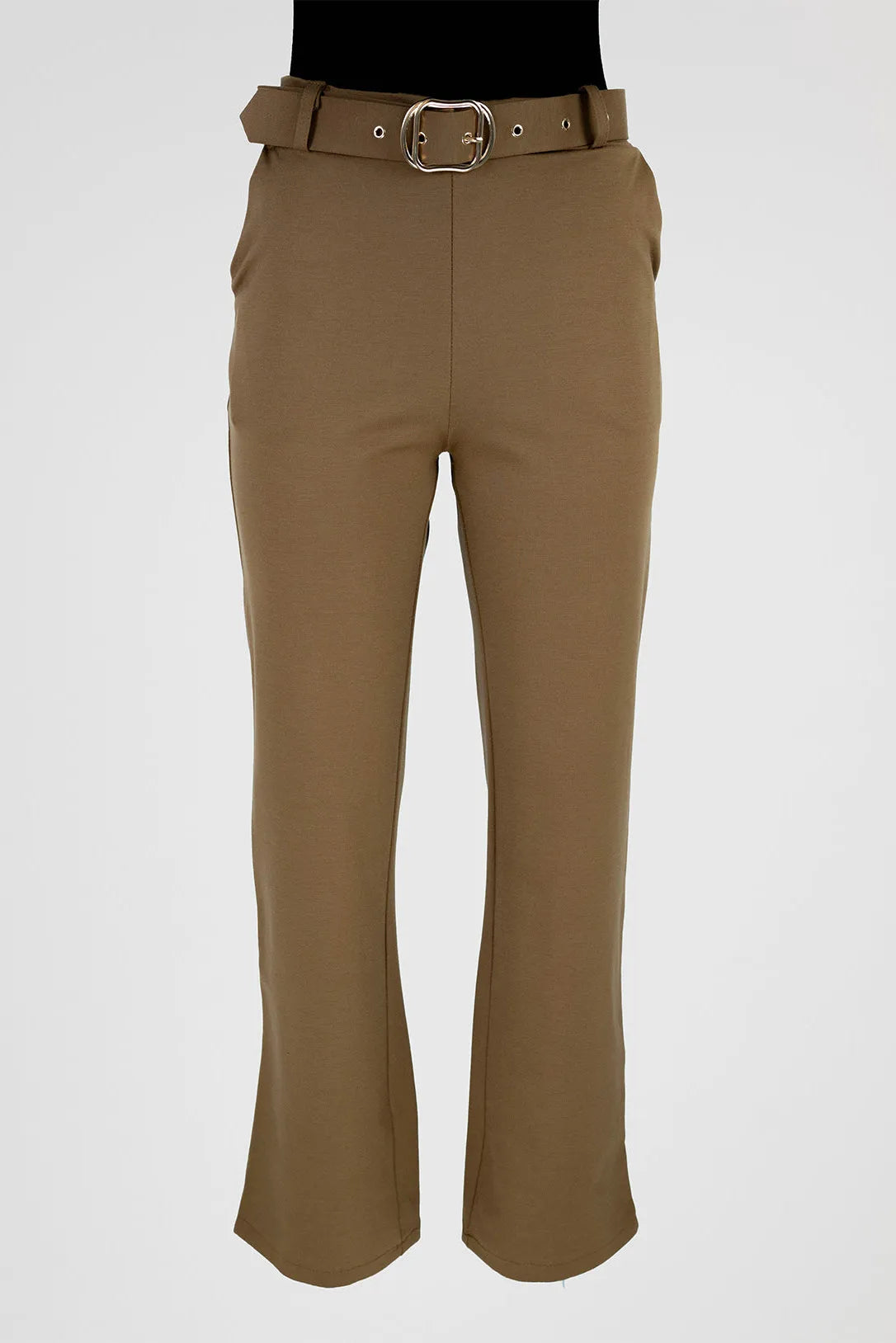 Chic camel women's trousers with a stylish belt and metal buckle, featuring a straight, slightly tapered leg.