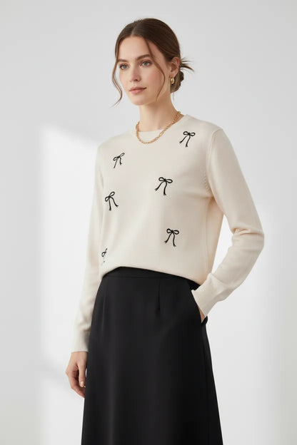 Дамски пуловер с бродирани панделки - eкрю - Black Bow-пуловери-6Sense