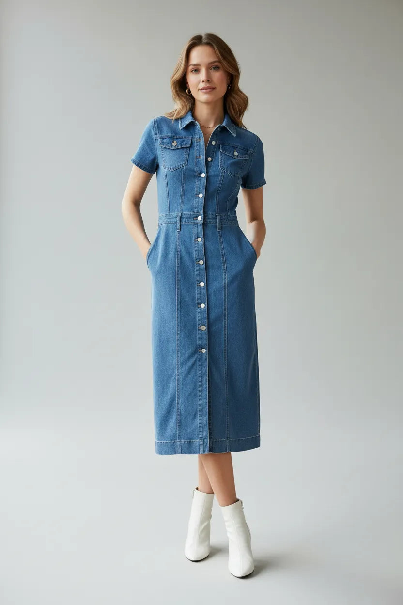 Дънкова рокля Denim Grace - с копчета-рокли-6Sense