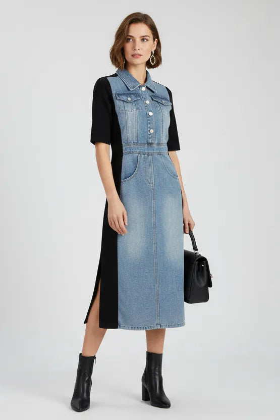 Есенна дънкова рокля с еластични панели - Denim Lux-рокли-6Sense