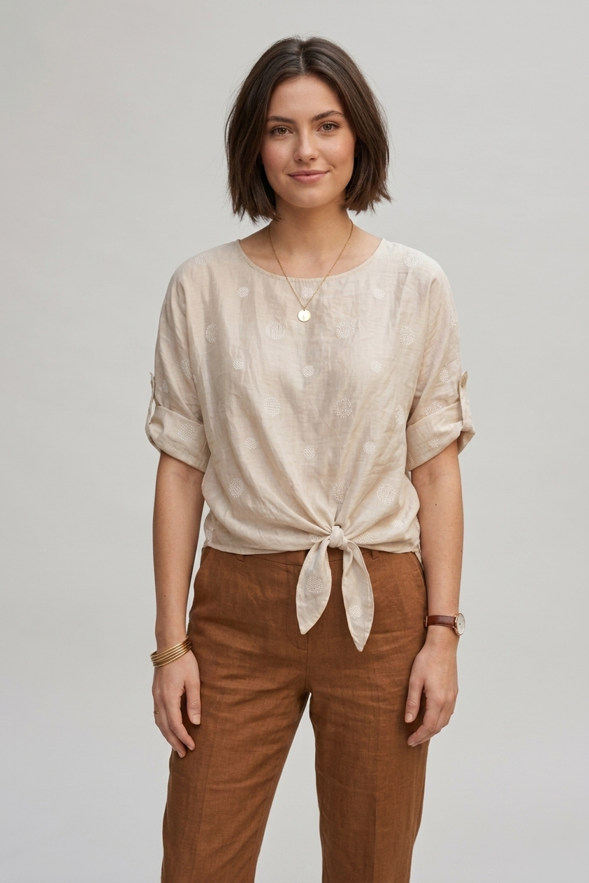 Дамска блуза с връзка и десен на точки от тенсел – Summer Dot