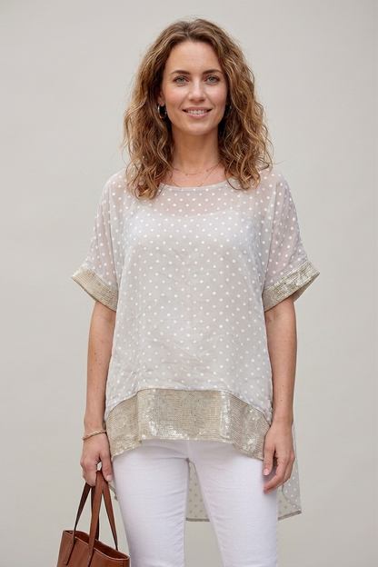 Ефирна бежова туника на бели точки с подплата - Dot Breeze