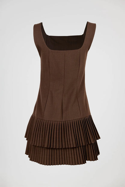 Кафява къса рокля с презрамки - Fiona-рокли-6Sense