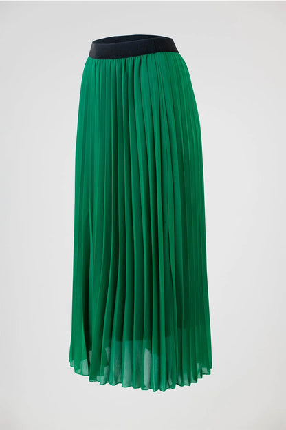 Elegant emerald green pleated midi skirt with a wide black elastic waistband.