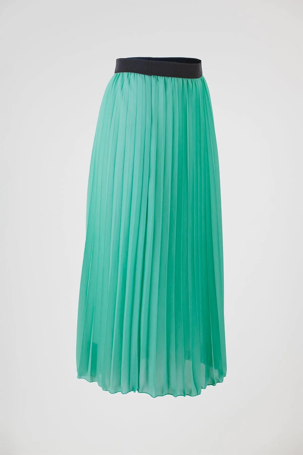 Flowy mint green pleated midi skirt with a chic black elastic waistband, perfect for effortless style.