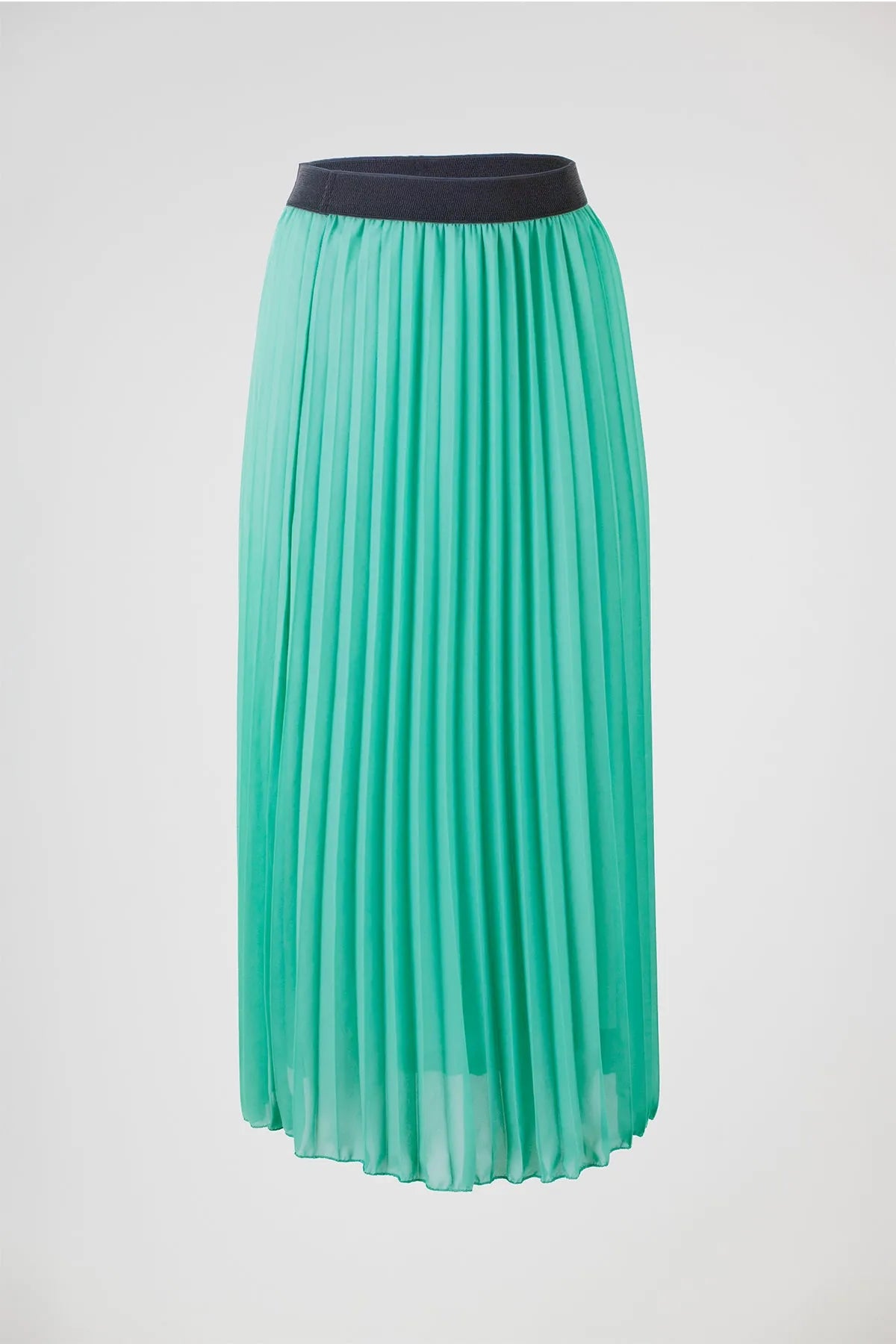 Flowy mint green pleated midi skirt with a wide black elastic waistband, perfect for effortless style.