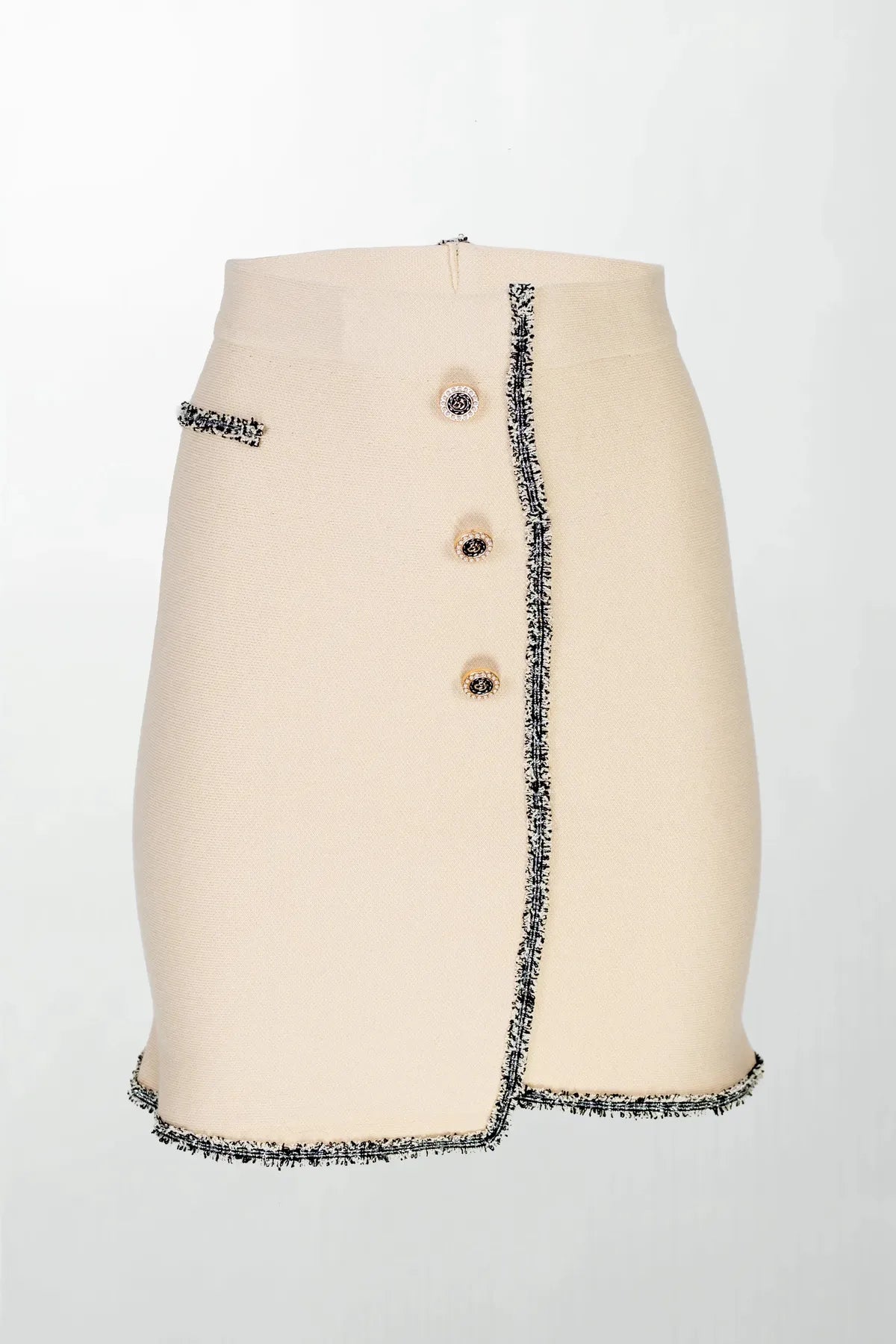 Бежова мини пола с декоративни копчета - "Chanelé Beige"-Поли-6Sense