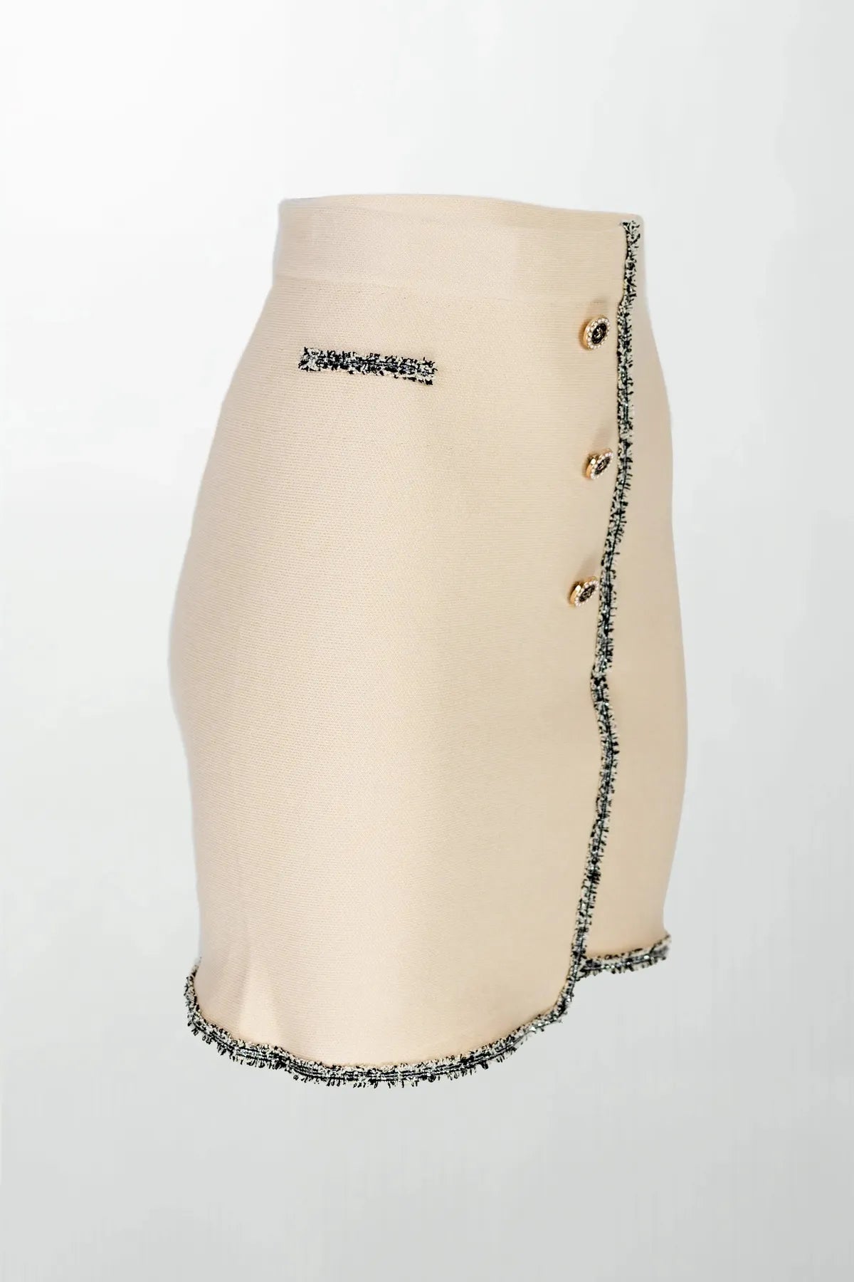 Бежова мини пола с декоративни копчета - "Chanelé Beige"-Поли-6Sense