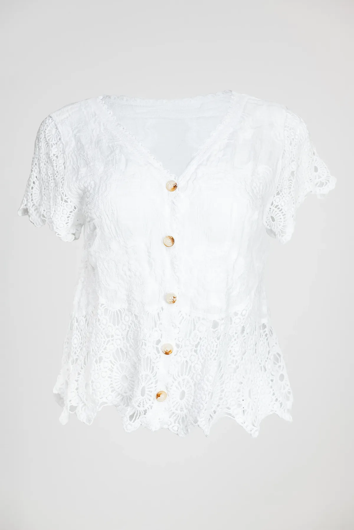 Бяла памучна блуза-жилетка с дантела - White Lace Bloom-блузи-6Sense