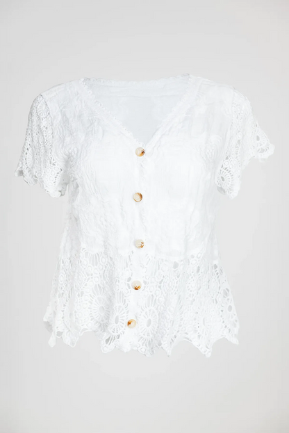 Бяла памучна блуза-жилетка с дантела - White Lace Bloom-блузи-6Sense